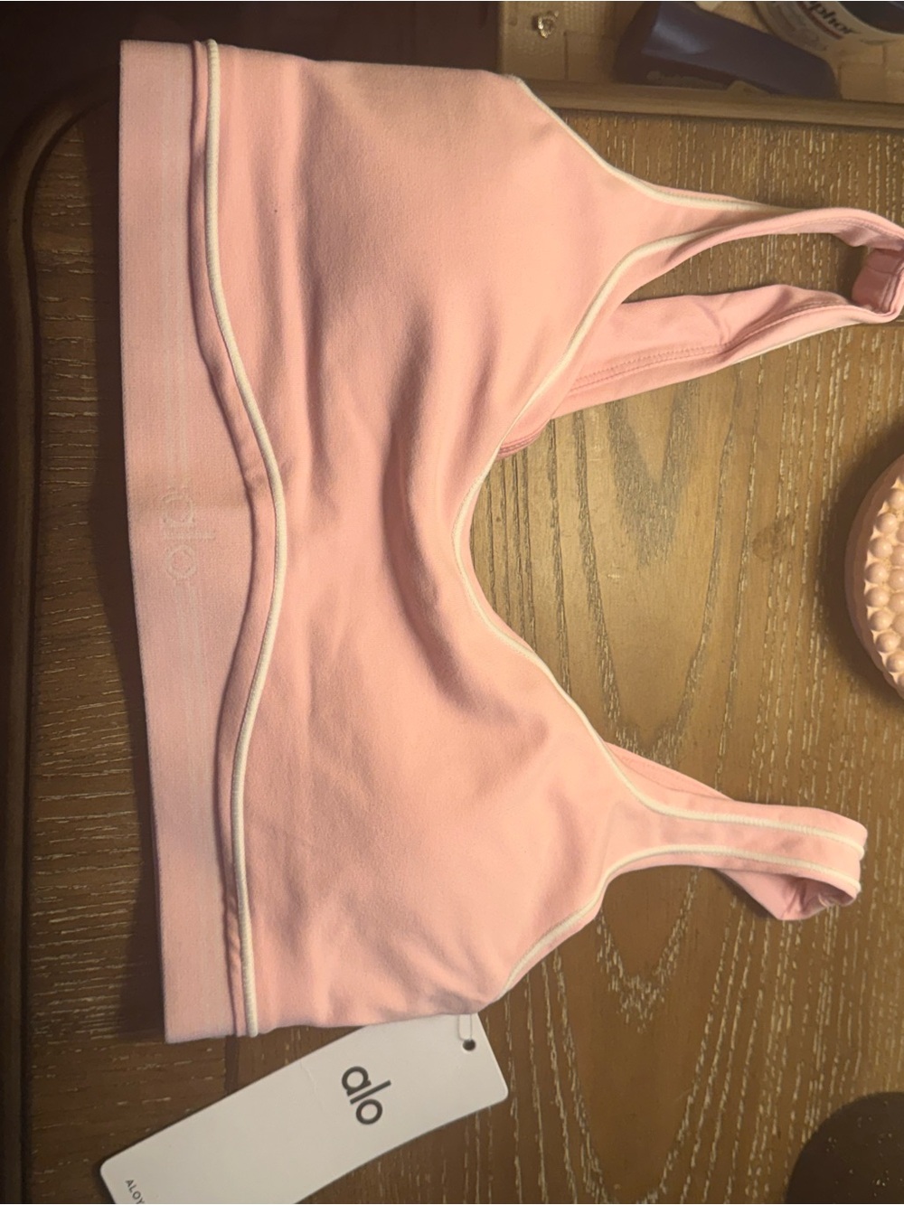 ALO Yoga Light Pink Woman Bike Shorts and Matching Sports Bra Set - Picture 3 of 9